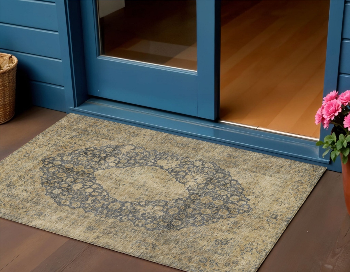 616460 3 x 5 ft. Charcoal & Beige Medallion Washable Indoor & Outdoor Rectangle Area Rug