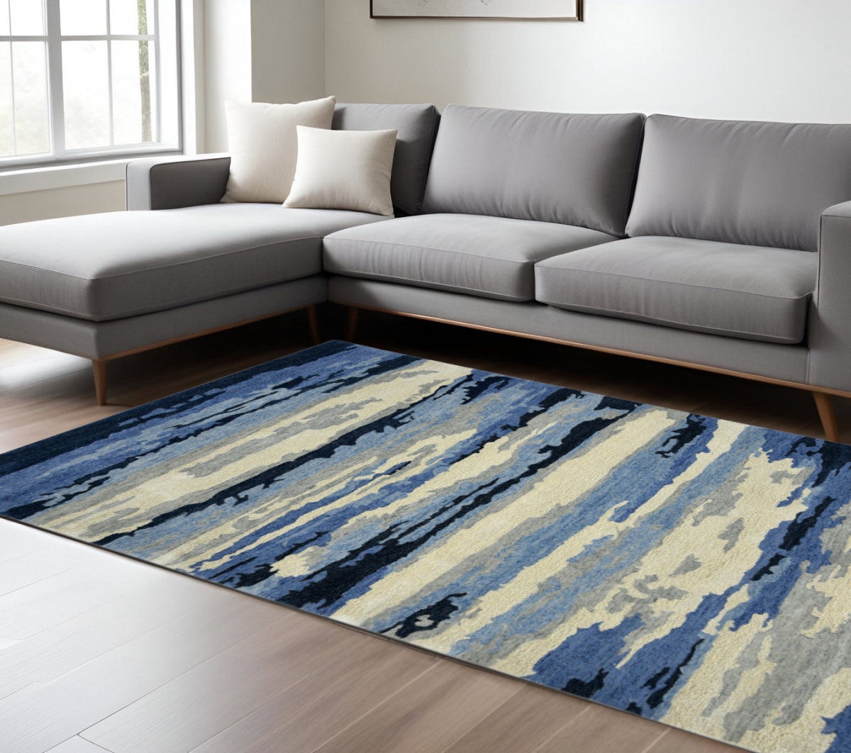 570773 9 ft. x 13 ft. Navy Blue Ivory & Gray Wool Abstract Hand Tufted Area Rug