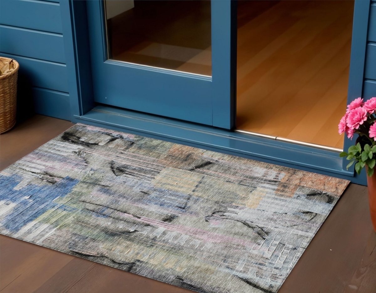 630945 3 x 5 ft. Blue Black & Copper Abstract Washable Indoor & Outdoor Rectangle Area Rug