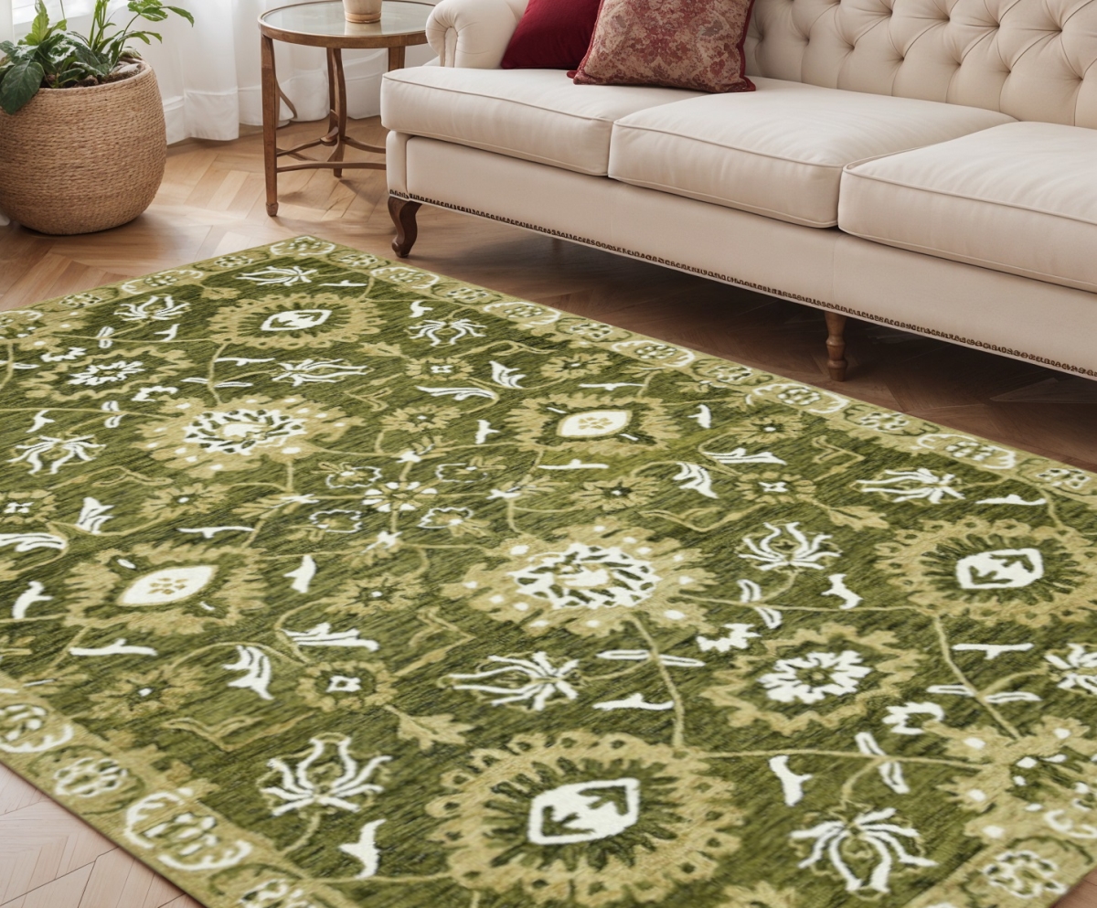 570412 5 x 8 ft. Olive Green Ivory & Light Brown Wool Floral Medallion Hand Hooked Rectangle Area Rug
