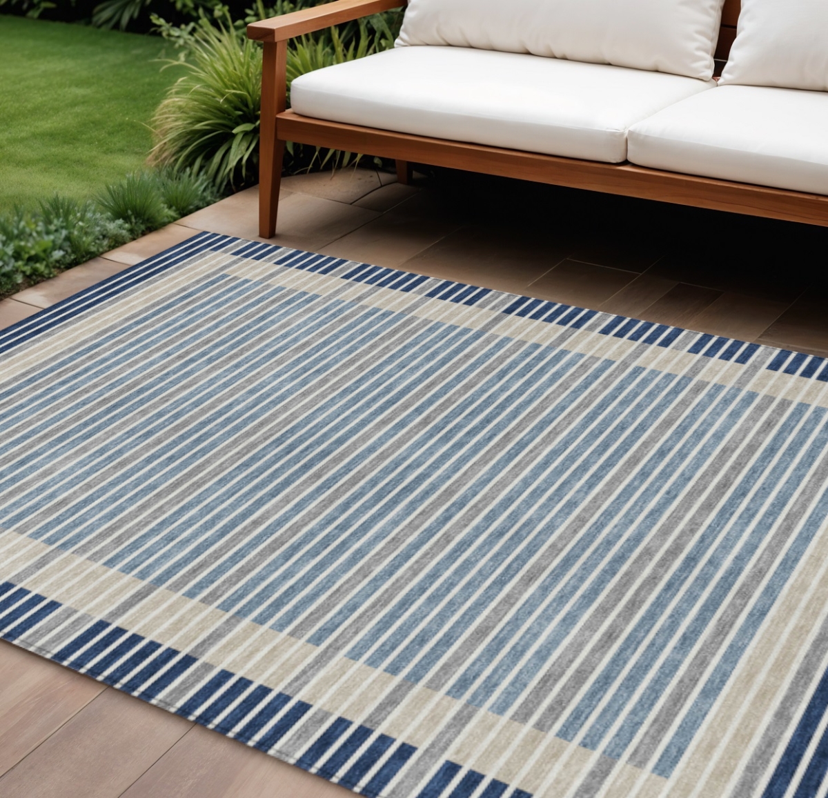 610491 10 x 14 ft. Navy Blue & Denim Blue Striped Washable Indoor & Outdoor Rectangle Area Rug