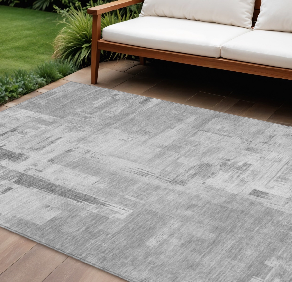 609200 9 x 12 ft. Gray & Off White Abstract Washable Indoor & Outdoor Rectangle Area Rug