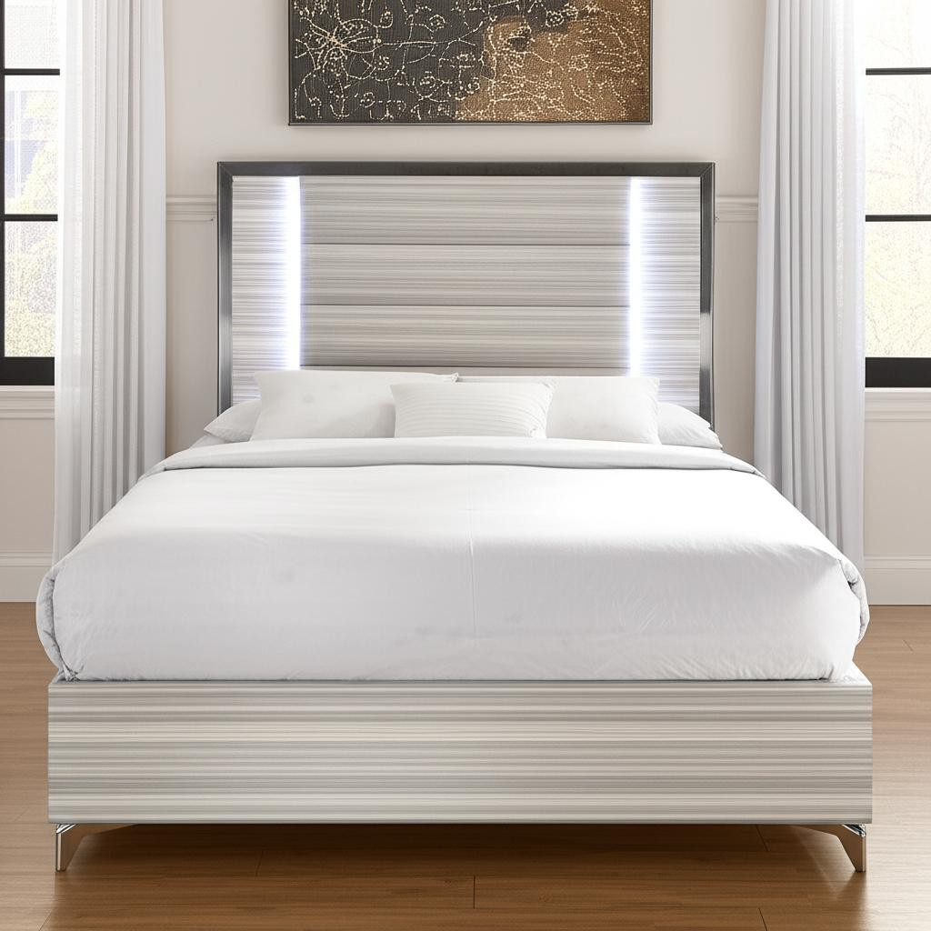 564757 Beige White & Chrome Wood Upholstered Lighted Queen Bed Frame