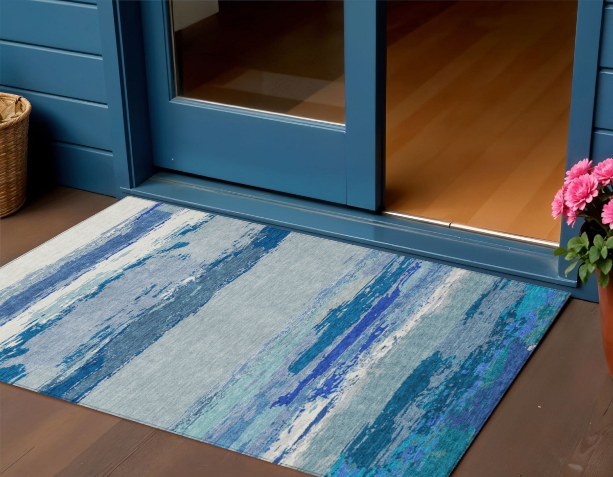 608637 3 x 5 ft. Blue Abstract Washable Indoor & Outdoor Rectangle Area Rug
