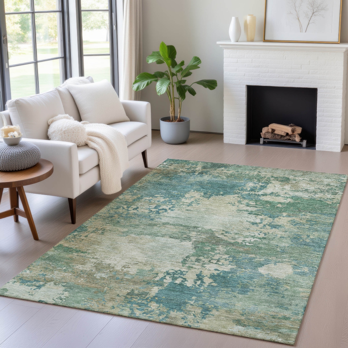 630748 5 x 8 ft. Teal Blue Beige & Denim Blue Abstract Washable Indoor & Outdoor Rectangle Area Rug