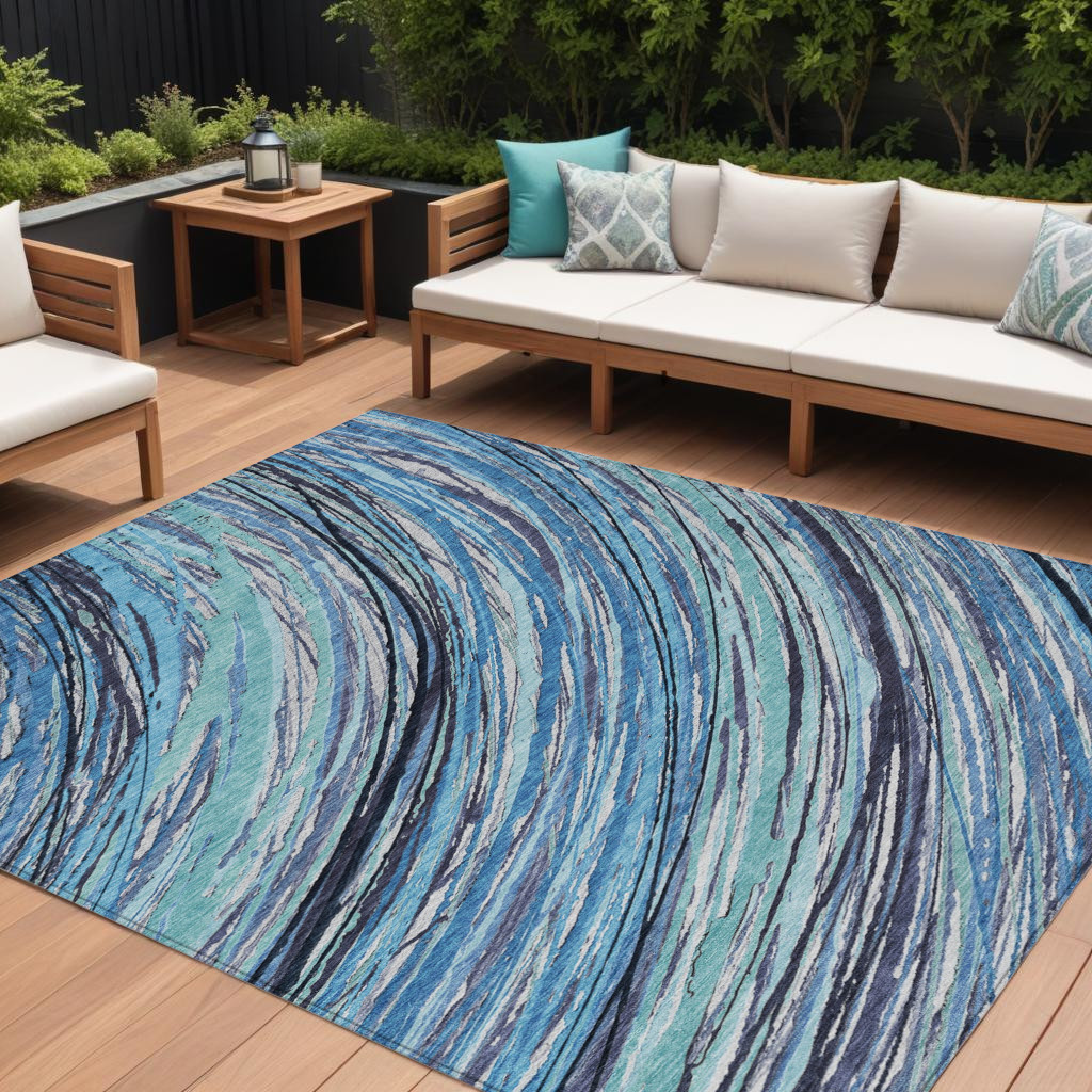 631237 9 x 12 ft. Blue Aqua & Ivory Abstract Washable Indoor & Outdoor Rectangle Area Rug