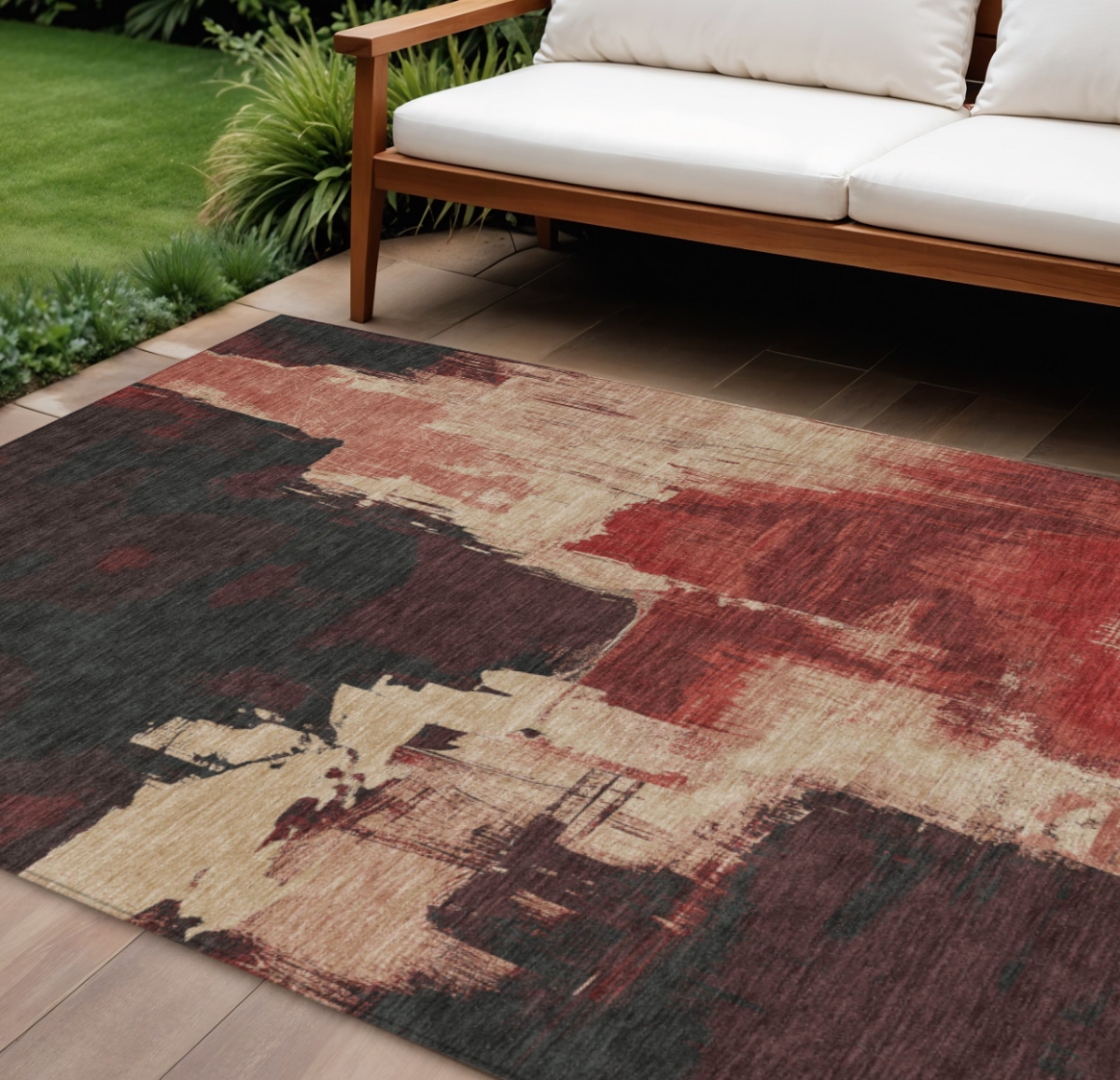 609163 8 x 10 ft. Brick Red & Red Abstract Washable Indoor & Outdoor Rectangle Area Rug