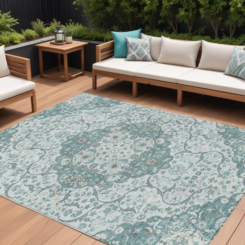 617472 10 x 14 ft. Teal Blue & Ivory Medallion Washable Indoor & Outdoor Rectangle Area Rug
