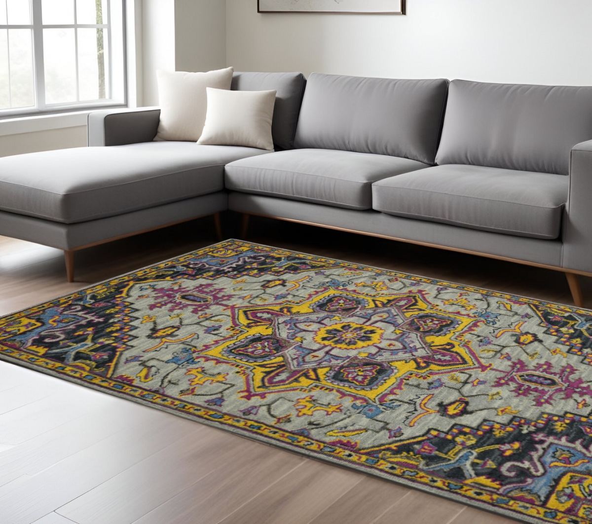 570712 8 x 10 ft. Gray Purple & Gold Wool Medallion Hand Tufted Rectangle Area Rug