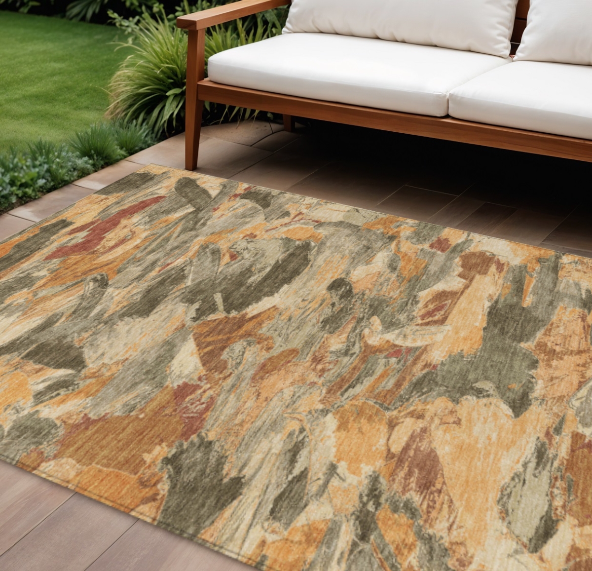 609237 10 x 14 ft. Copper & Orange Abstract Washable Indoor & Outdoor Rectangle Area Rug