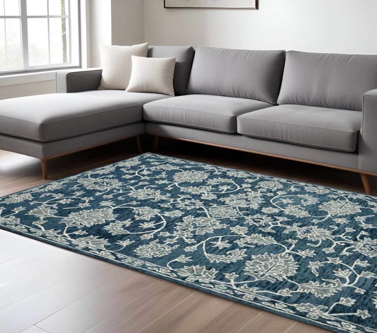 570406 9 x 13 ft. Teal Gray & Ivory Wool Floral Medallion Hand Hooked Rectangle Area Rug