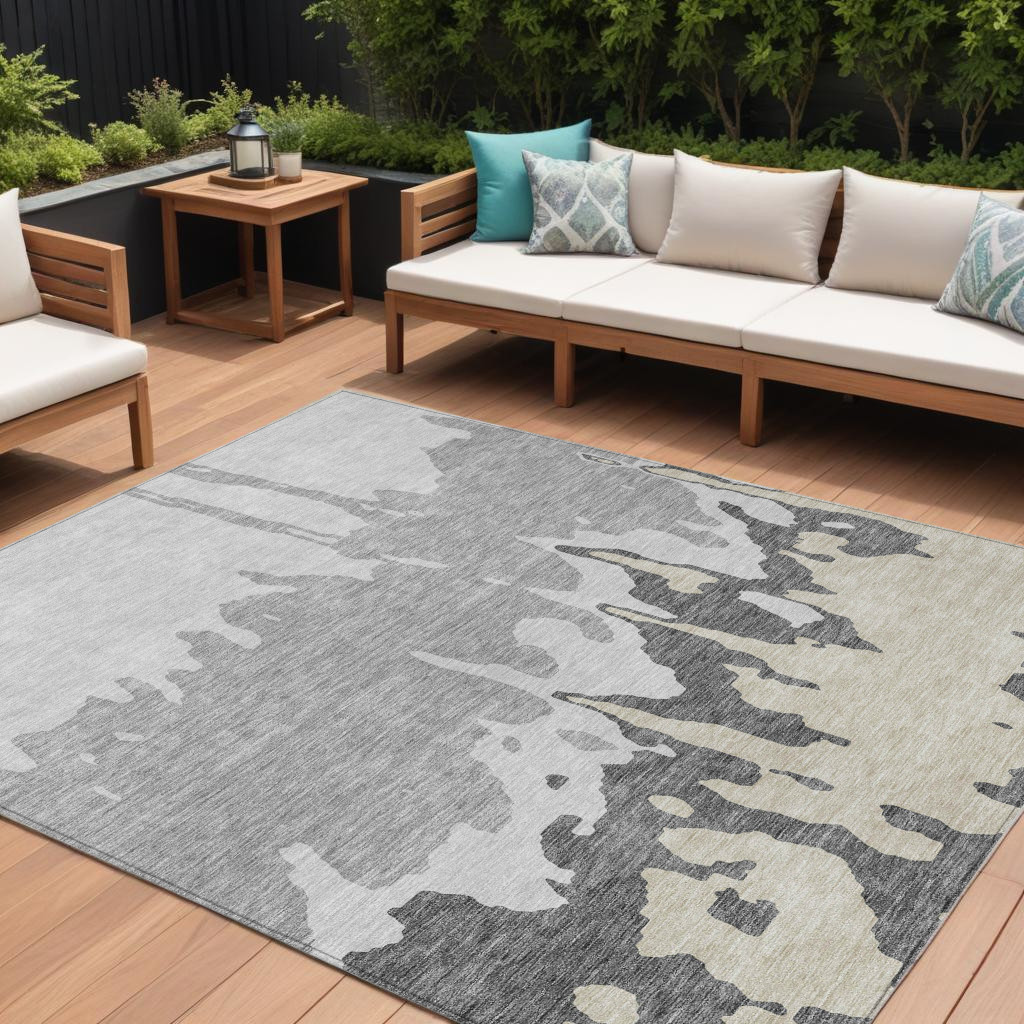 613631 10 x 14 ft. Gray & Silver Abstract Washable Indoor & Outdoor Rectangle Area Rug