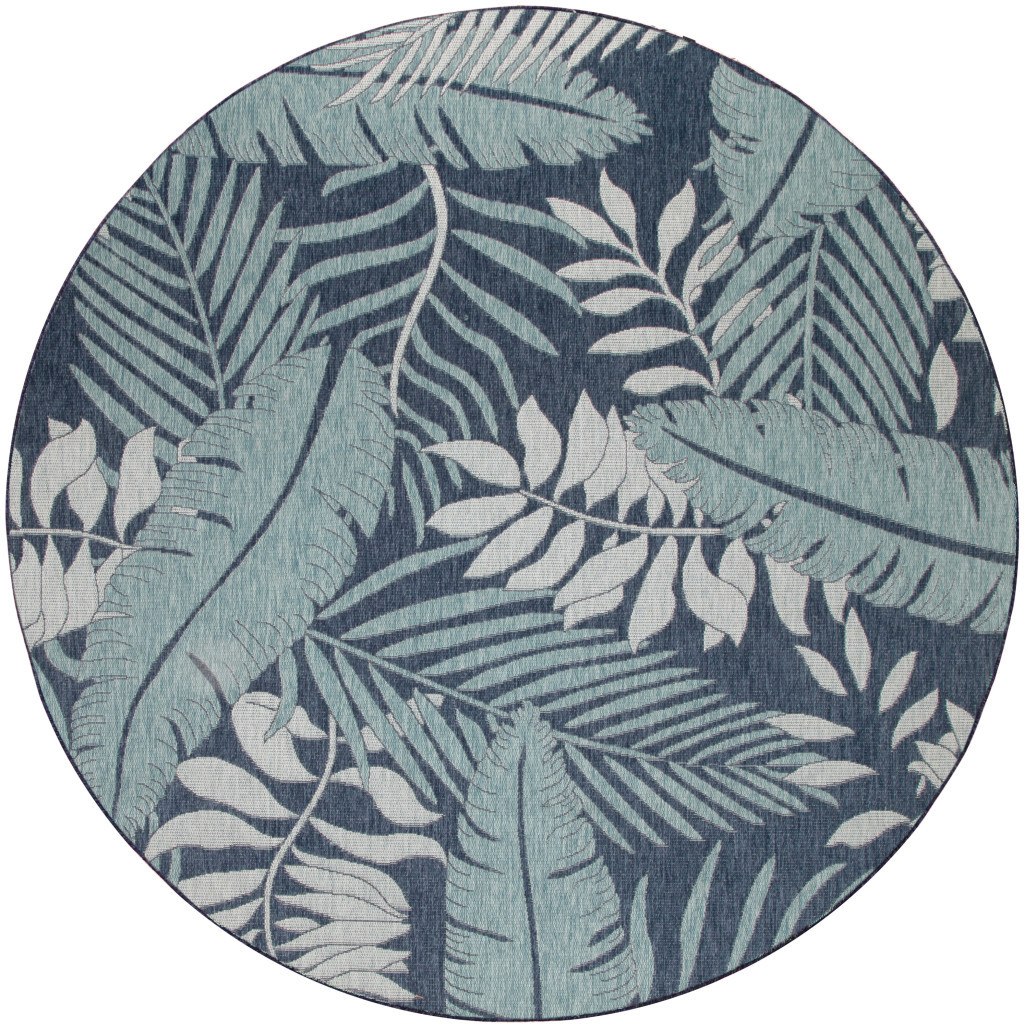 572837 8 ft. Navy Blue & Ivory Floral Indoor & Outdoor Round Area Rug