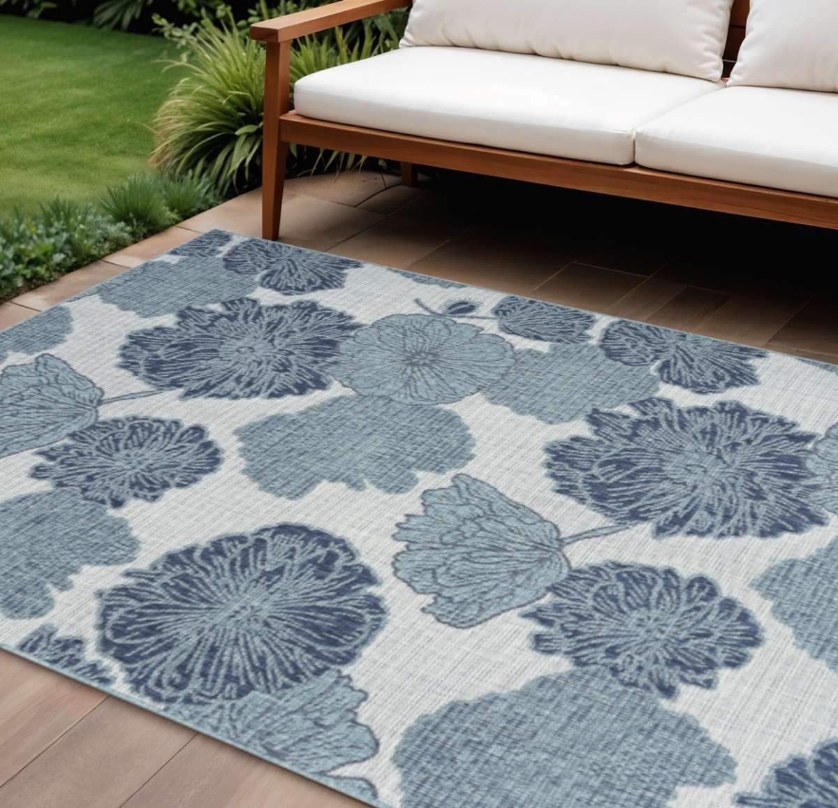 551475 9 x 12 ft. Navy Blue & Ivory Floral Indoor & Outdoor Rectangle Area Rug