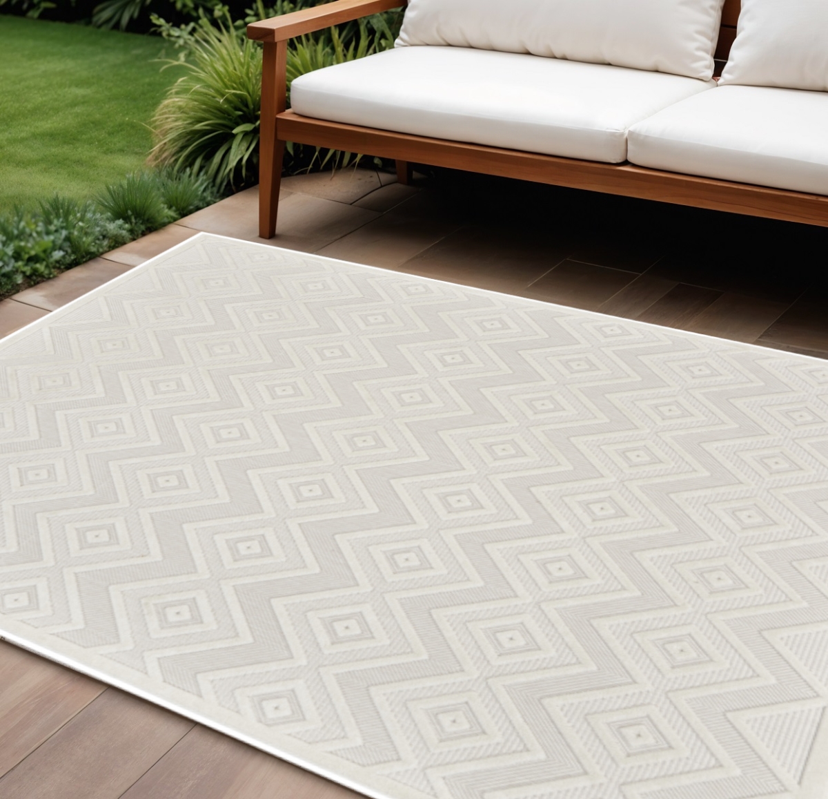 551513 10 x 14 ft. Ivory & White Geometric Indoor & Outdoor Rectangle Area Rug