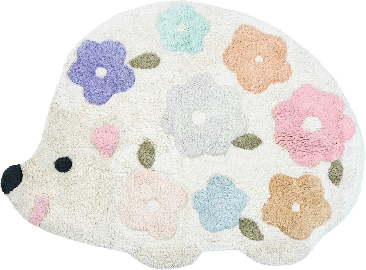 635403 32 in. White Blue & Pink Cotton Hedgehog Floral Print Bath Rug