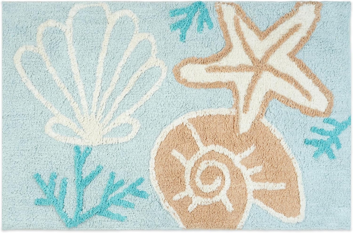 634900 32 in. Blue Tan & White Cotton Seashells & Coral Bath Rug