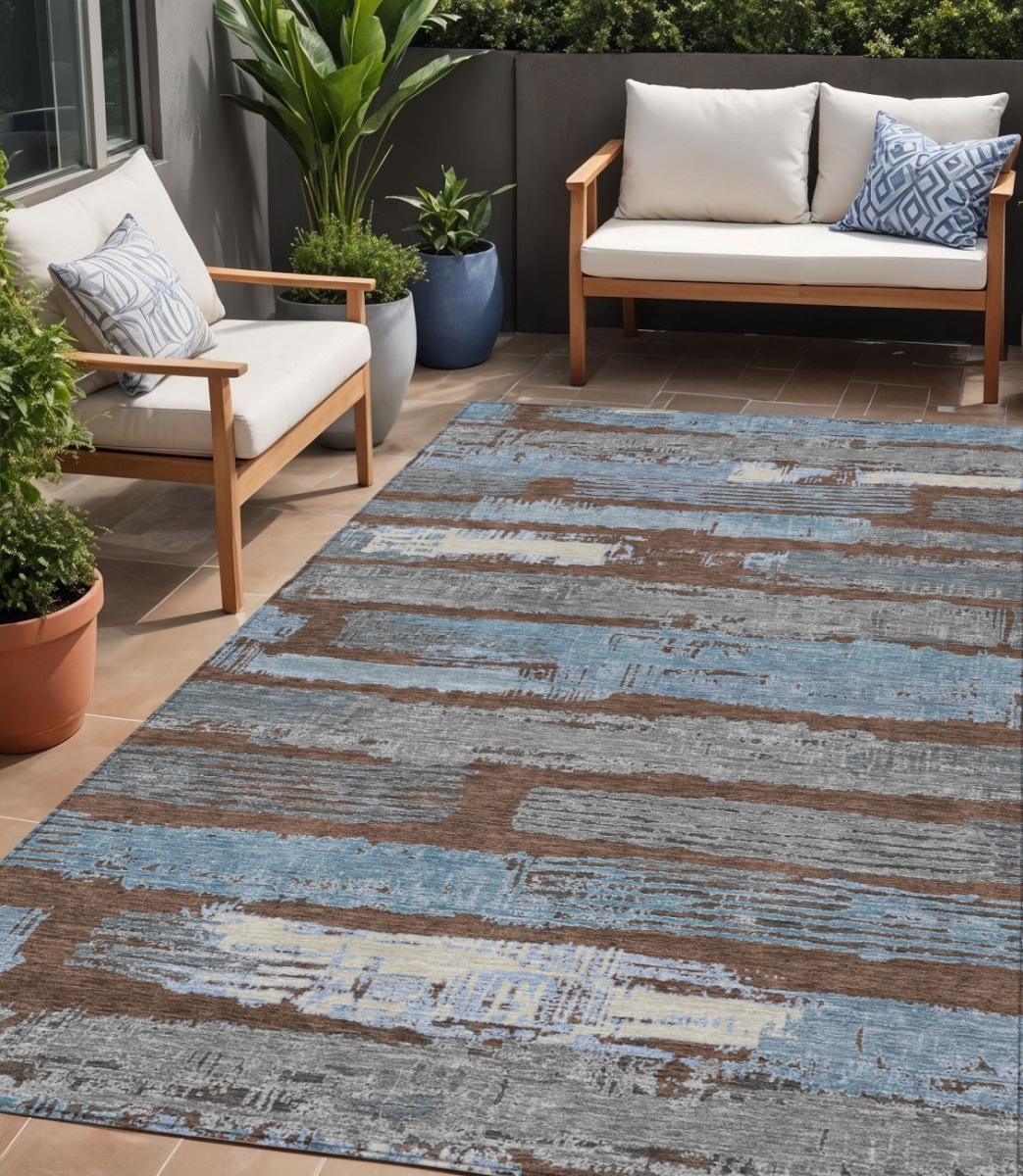 616647 5 x 8 ft. Chocolate Blue & Beige Striped Washable Indoor & Outdoor Rectangle Area Rug