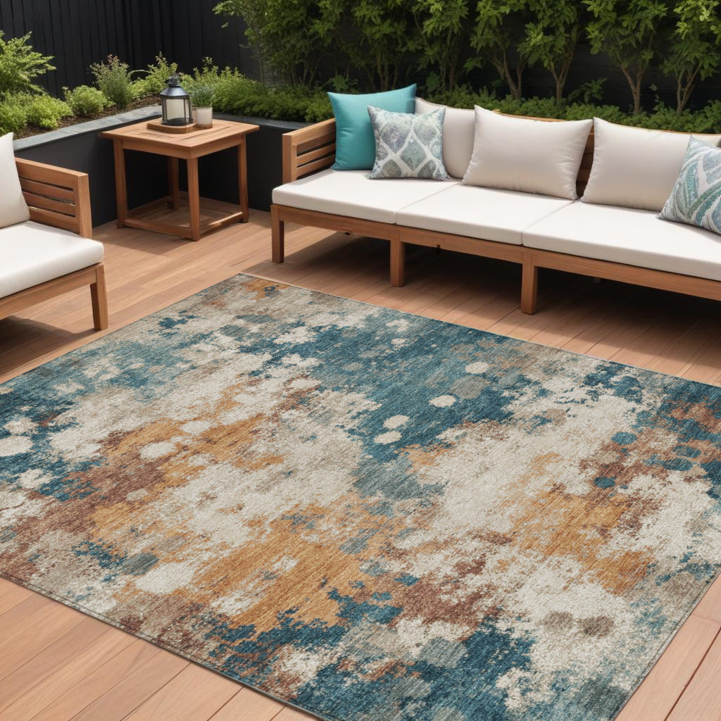631980 10 x 14 ft. Teal Blue & Copper Abstract Washable Indoor & Outdoor Rectangle Area Rug