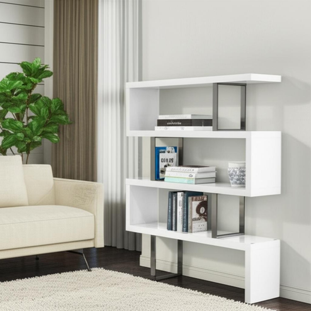 555012 67 in. White & Silver Metal & Wood Three Tier Etagere Bookcase