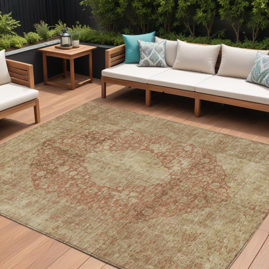 616475 8 x 10 ft. Rust & Beige Medallion Washable Indoor & Outdoor Rectangle Area Rug