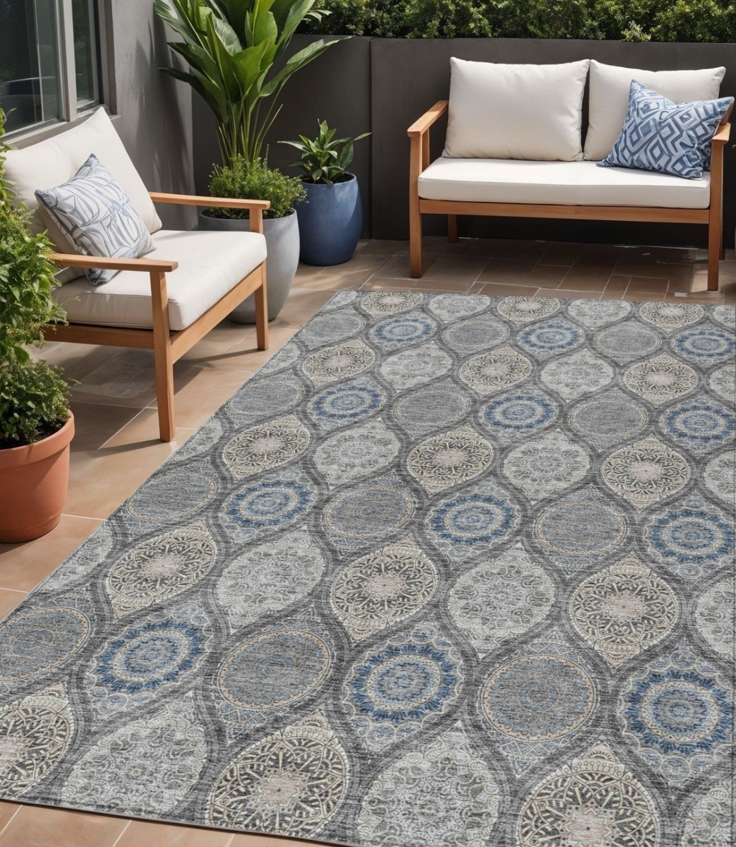 614588 5 x 8 ft. Gray Ivory & Navy Blue Floral Medallion Washable Indoor & Outdoor Rectangle Area Rug