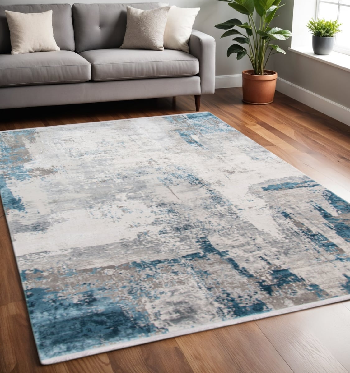570285 5 x 8 ft. Gray Blue & Ivory Abstract Rectangle Area Rug with Fringe