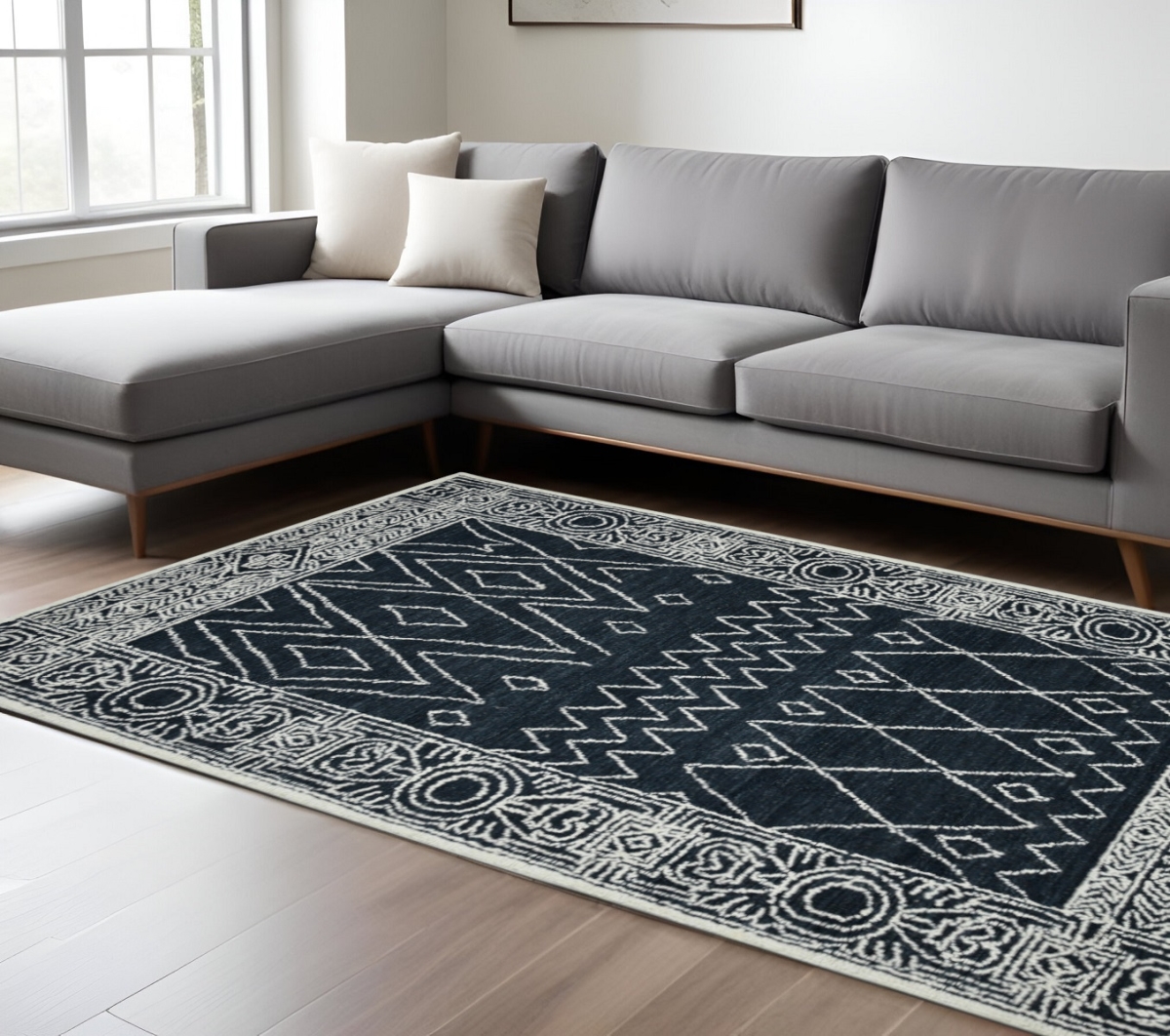 570330 9 x 13 ft. Charcoal & Ivory Wool Southwestern Hand Hooked Rectangle Area Rug