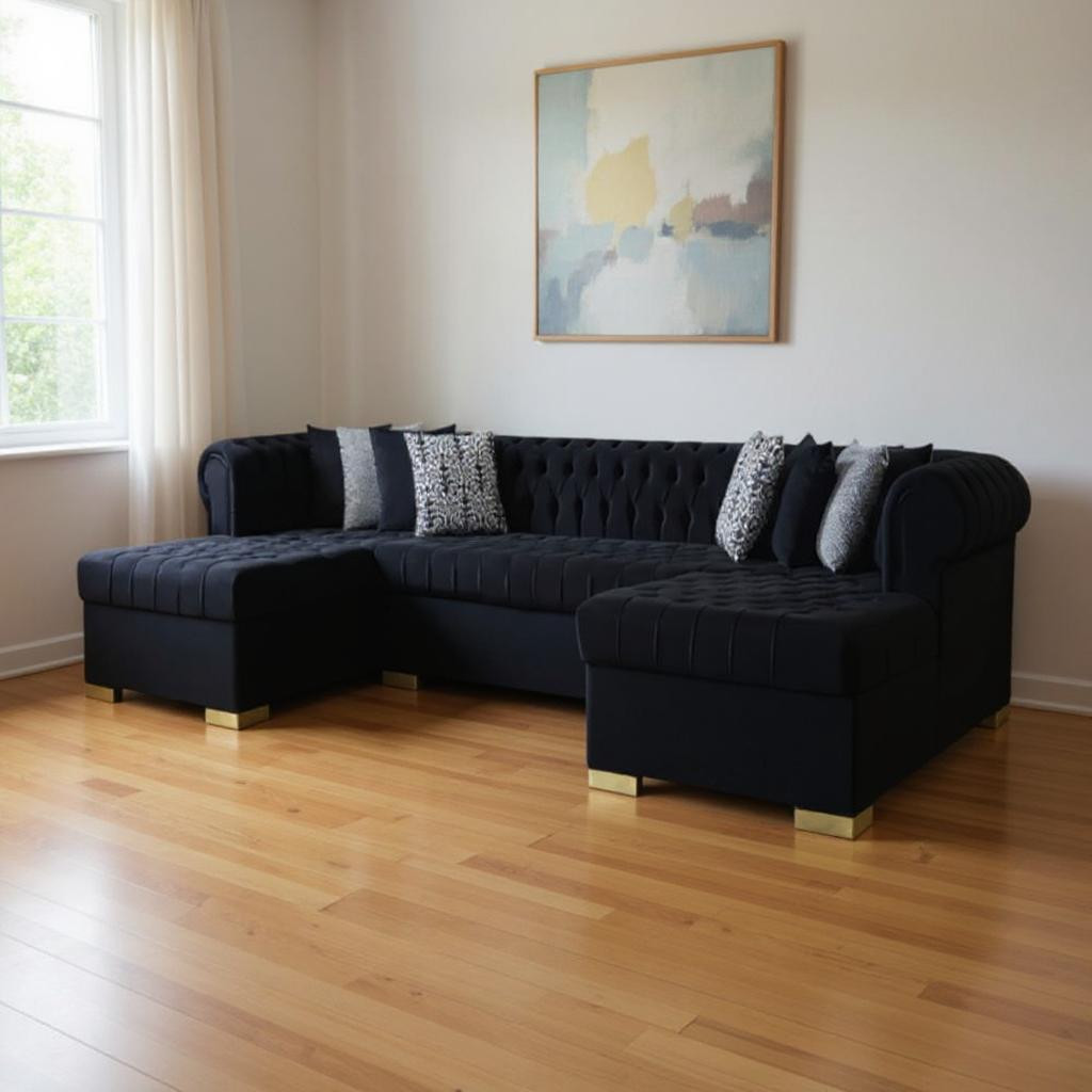 643889 Black Velvet U Shaped 3 Piece Sofa & Chaise Sectional with Toss Pillows