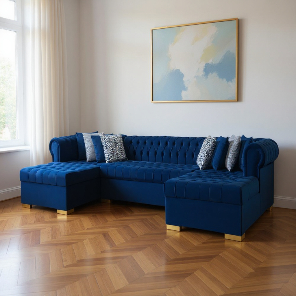 643891 Blue Velvet U Shaped 3 Piece Sofa & Chaise Sectional with Toss Pillows