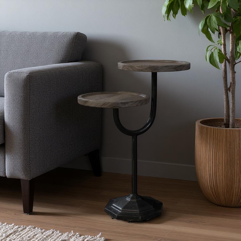 571199 19 in. Natural & Black Solid Wood & Iron Round Double Tray Top End Table