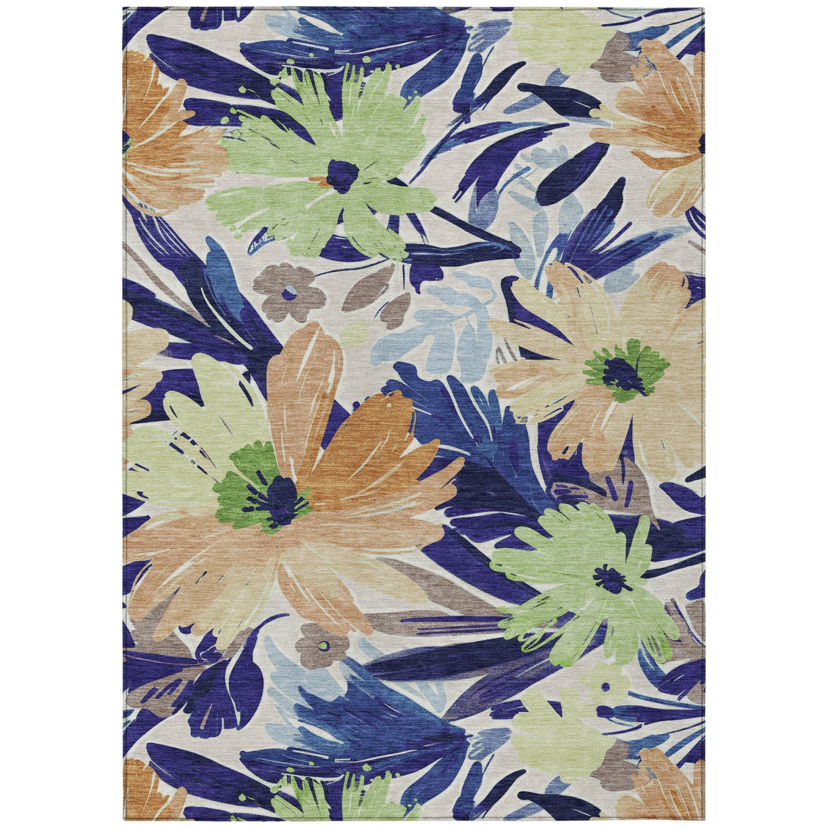 610991 10 x 14 ft. Navy Blue & Beige Floral Washable Indoor & Outdoor Rectangle Area Rug
