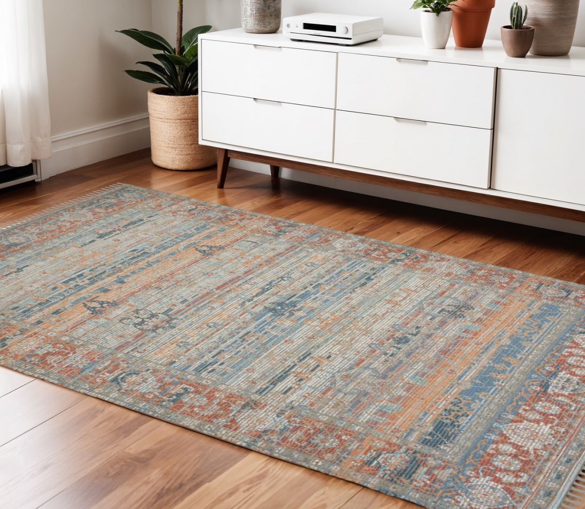 570609 4 x 6 ft. Blue Brick Red & Ivory Oriental Hand Woven Rectangle Area Rug with Fringe