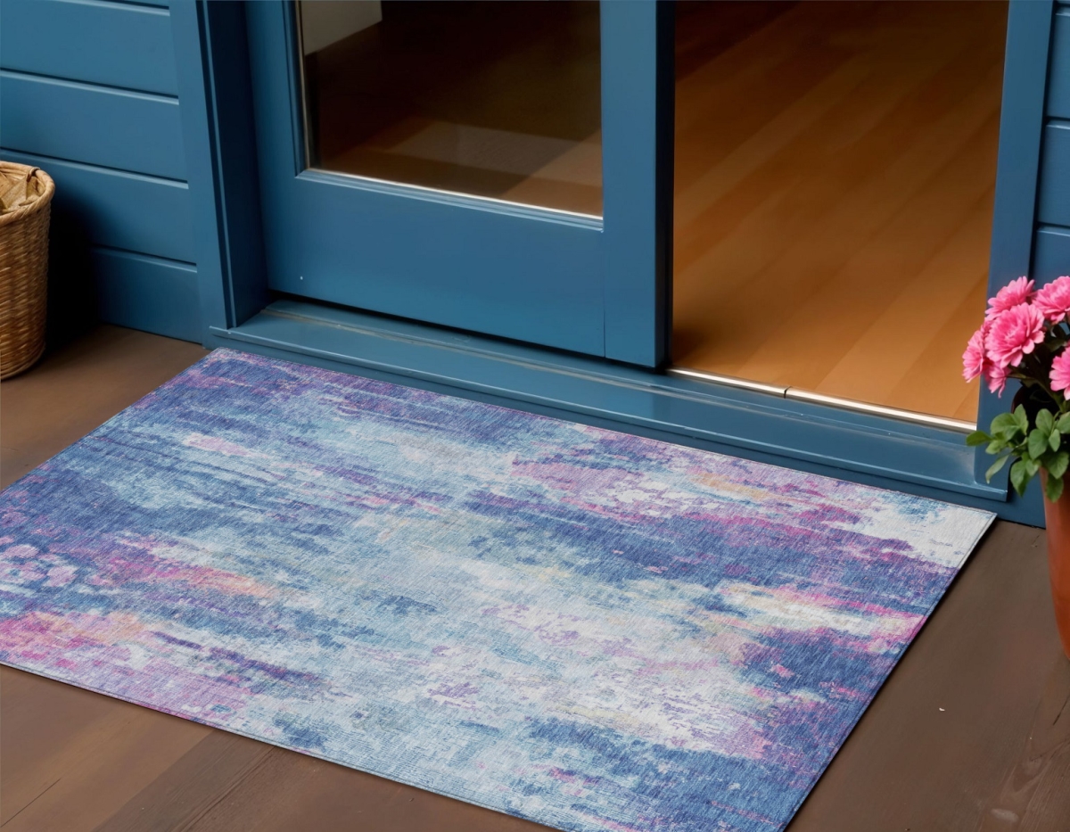 615854 3 x 5 ft. Blue Peach & Sky Blue Abstract Washable Indoor & Outdoor Rectangle Area Rug