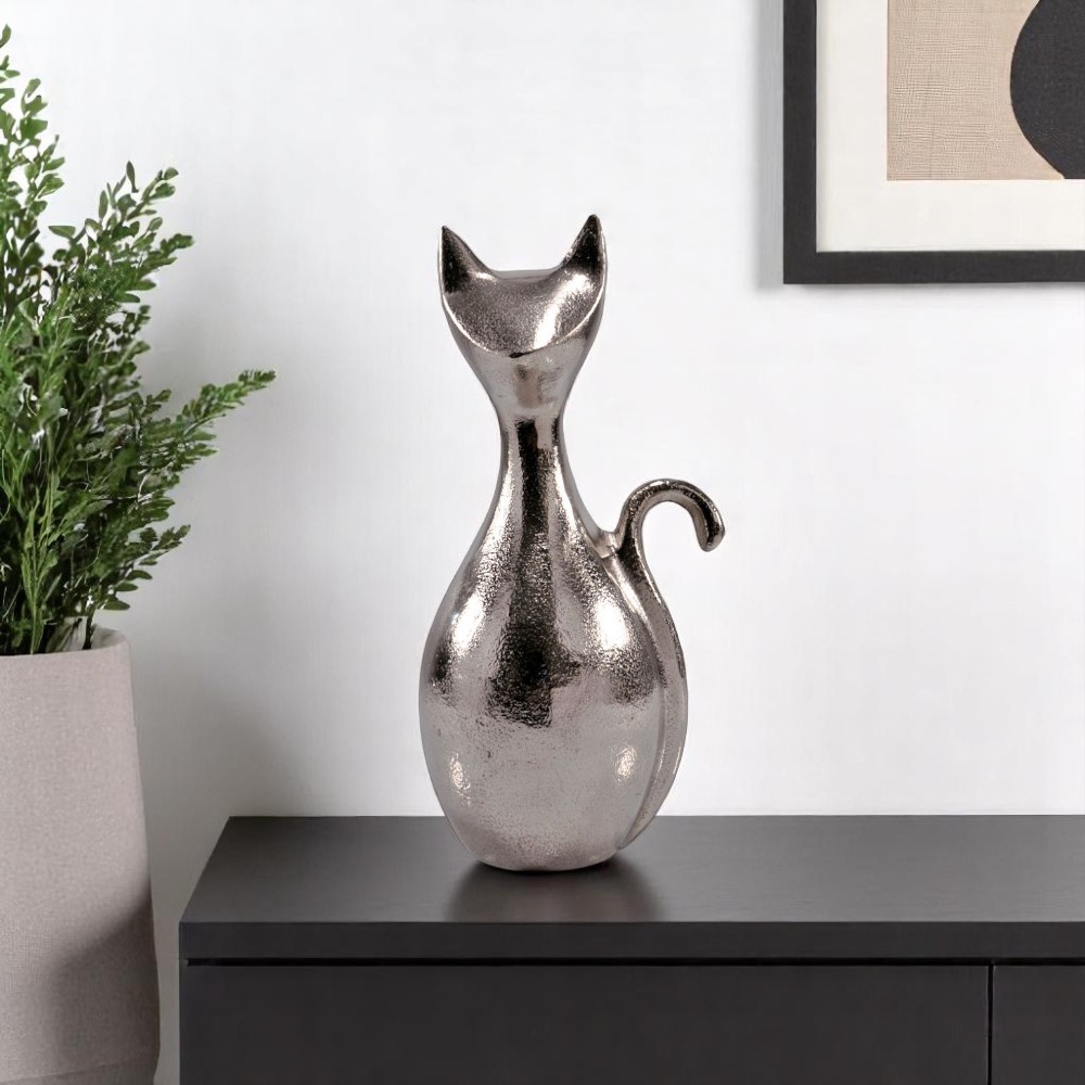 628124 11 in. Silver Aluminum Cat Tabletop Sculpture