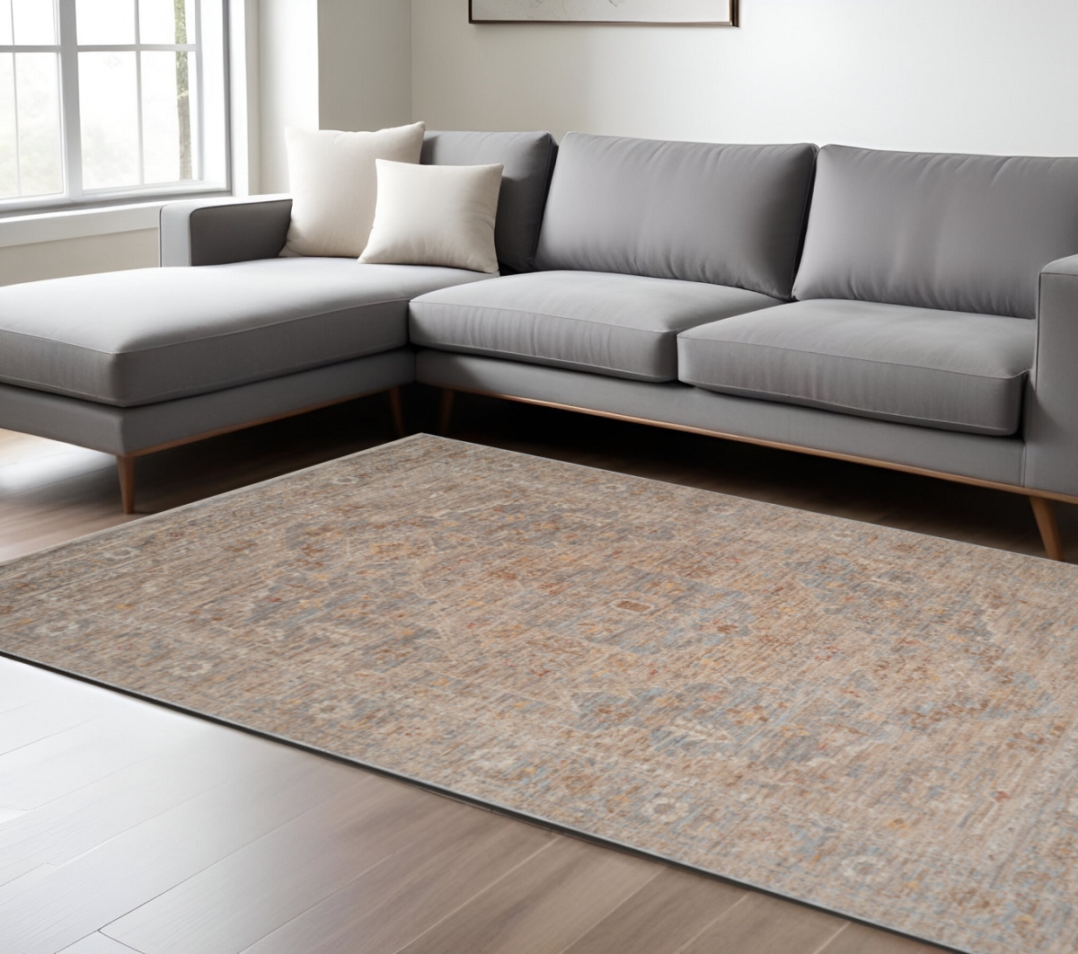 570944 9 x 12 ft. Blue & Sand Floral Medallion Rectangle Area Rug with Fringe