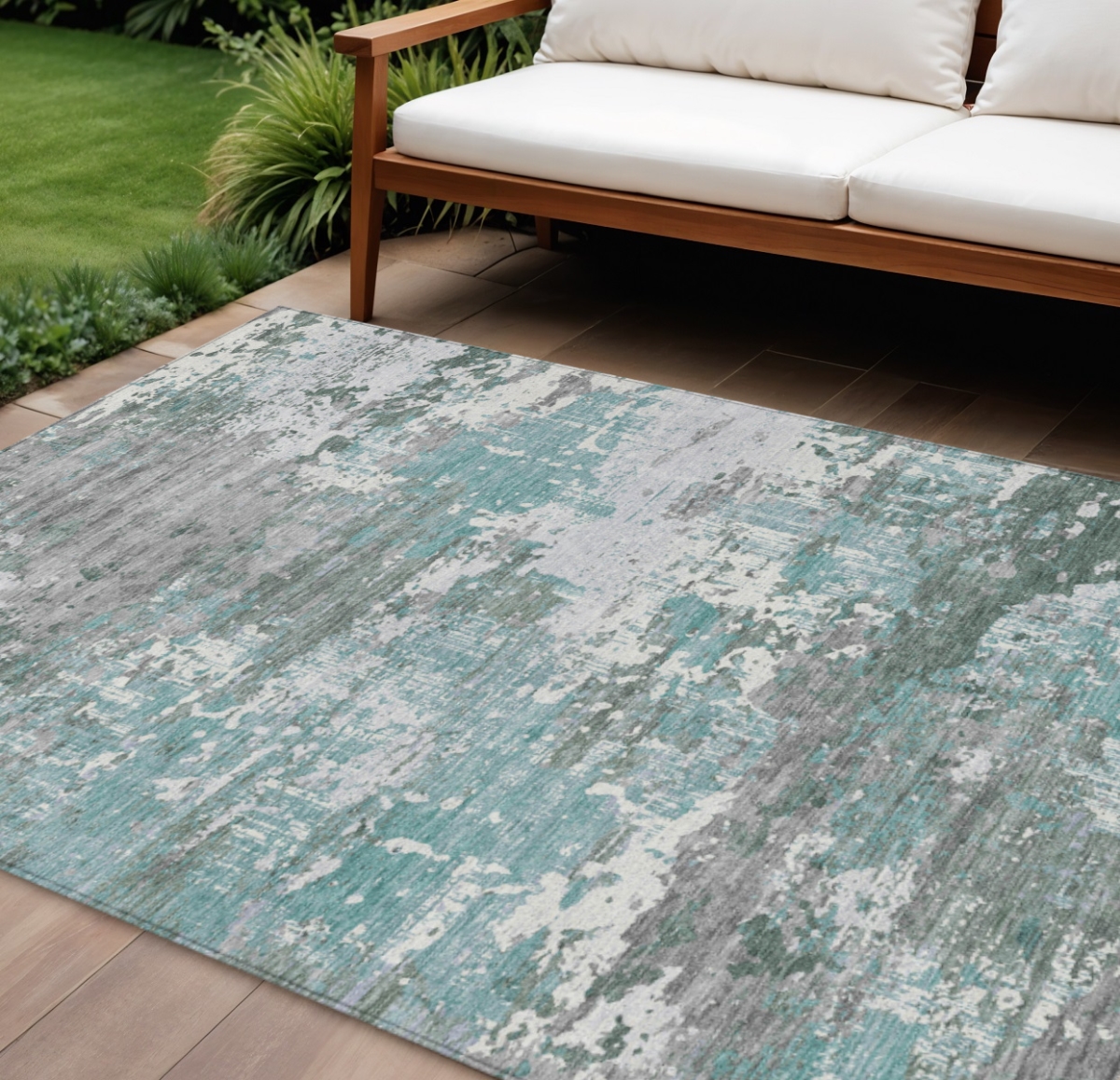 610441 8 x 10 ft. Blue & Teal Blue Abstract Washable Indoor & Outdoor Rectangle Area Rug