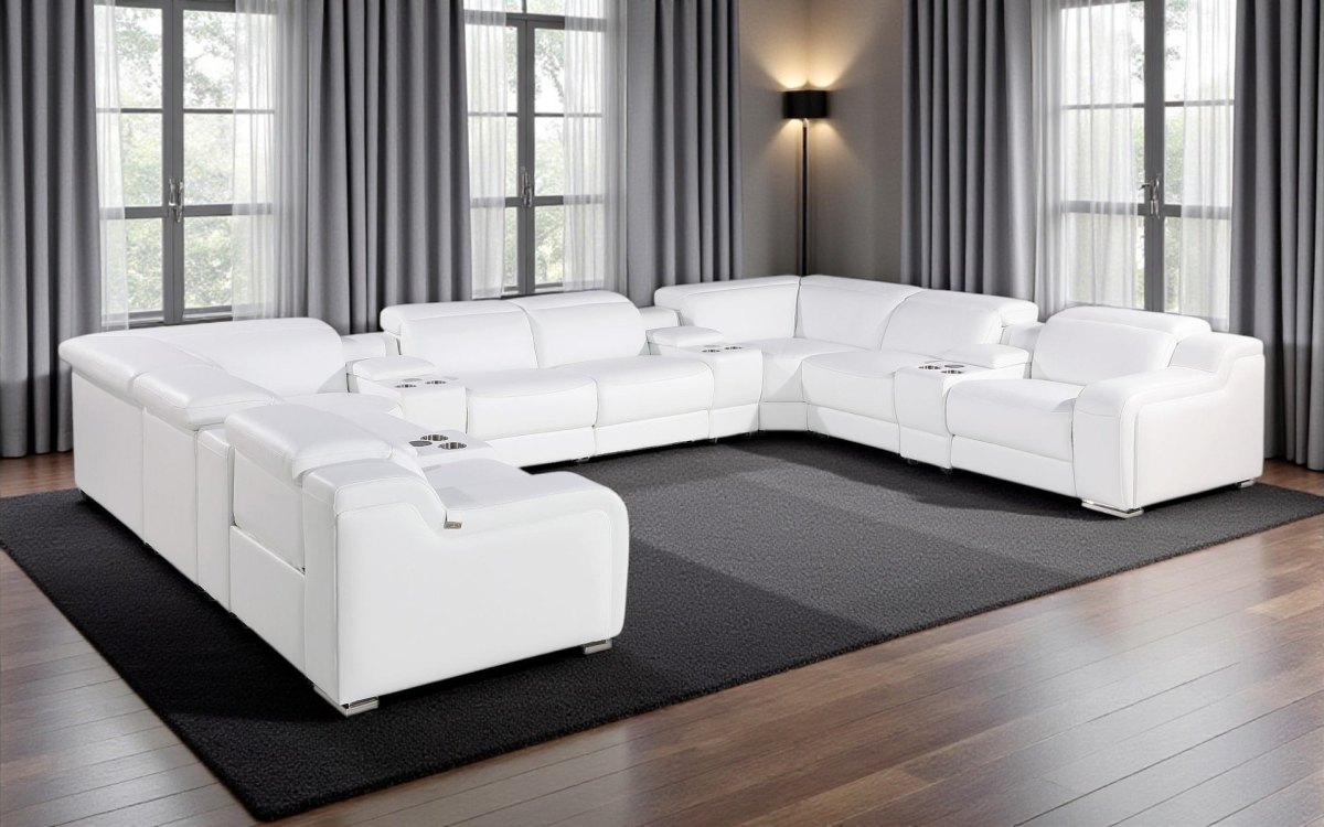 632551 White Italian Leather Power Reclining U Shaped 12 Piece Corner Sectional with Console