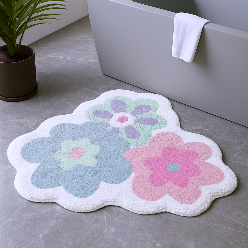 635402 32 in. Pink & White Cotton Flowers Floral Bath Rug