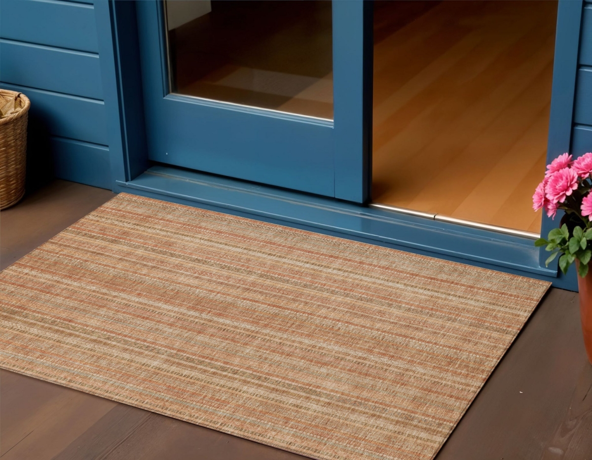 616406 3 x 5 ft. Rust Beige & Linen Striped Washable Indoor & Outdoor Rectangle Area Rug