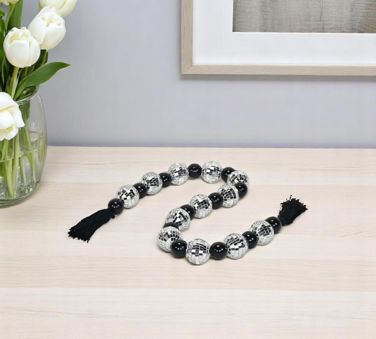 612459 48 in. Black & Silver Bling Beads Decorative Tassel