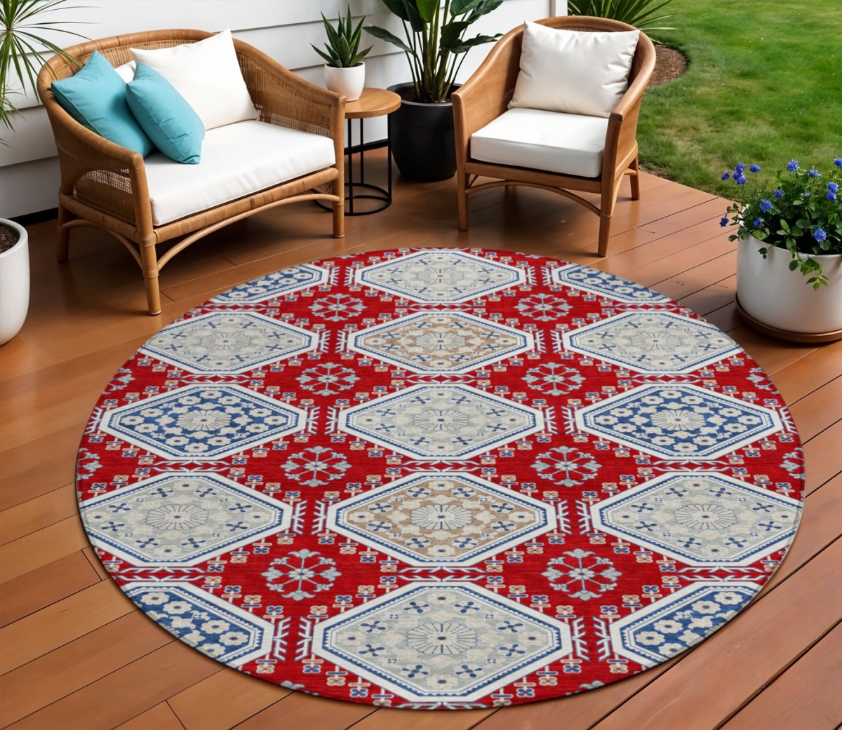 610771 8 ft. Red & Navy Blue Round Floral Washable Indoor & Outdoor Area Rug
