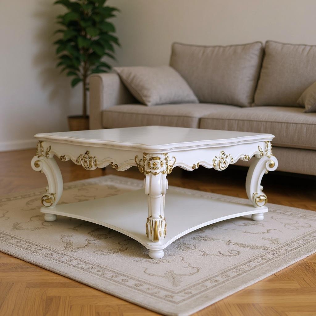 572288 58 in. Ivory & Gold Wood Square Coffee Table with Shelf