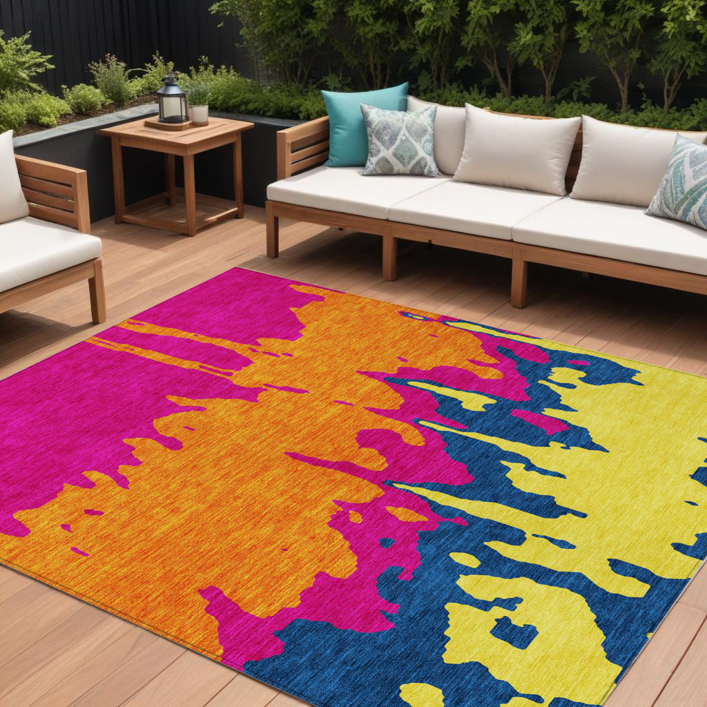613643 10 x 14 ft. Pink Orange & Blue Abstract Washable Indoor & Outdoor Rectangle Area Rug