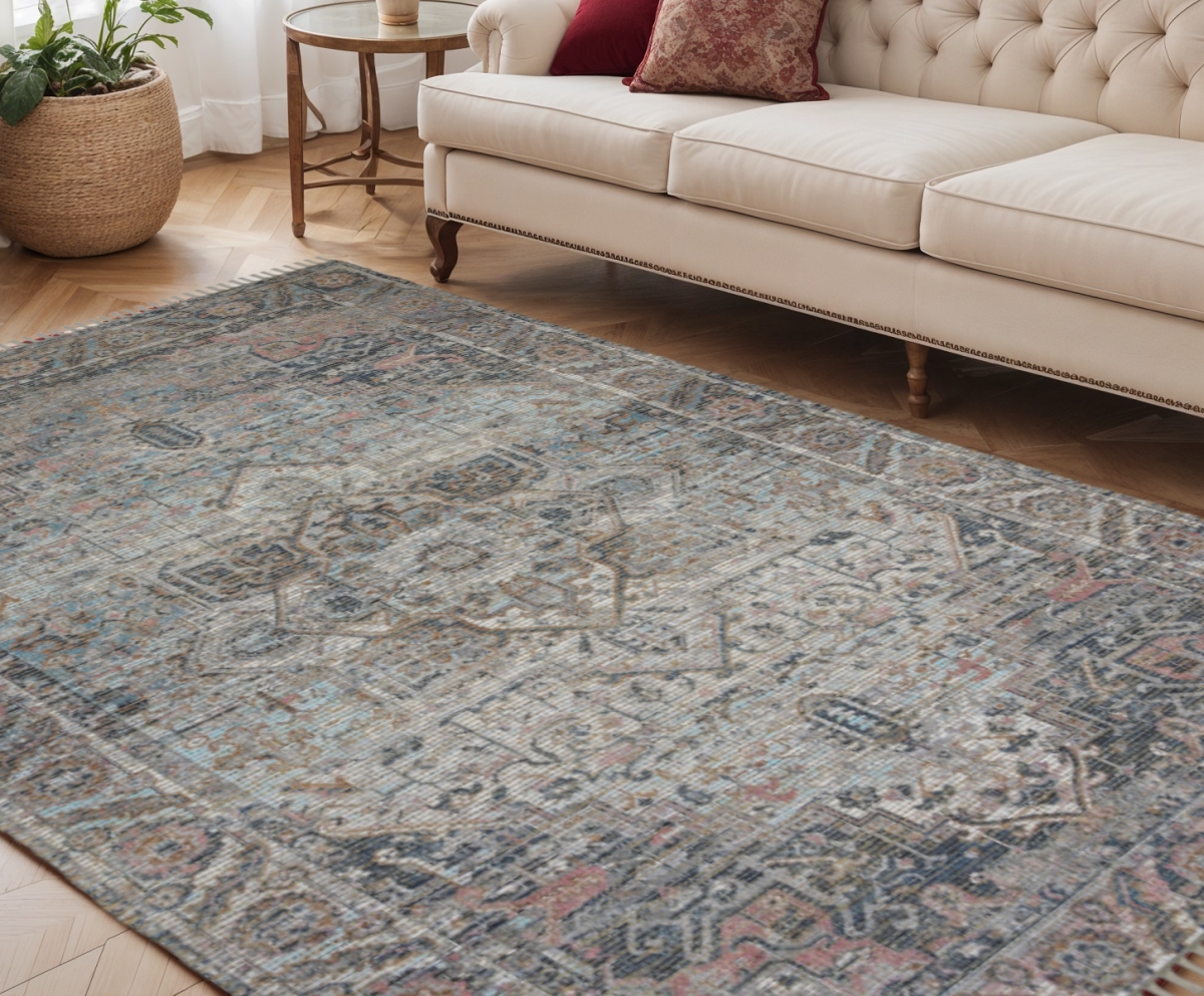 570613 5 x 7 ft. Light Blue Gray & Pink Oriental Hand Woven Rectangle Area Rug with Fringe