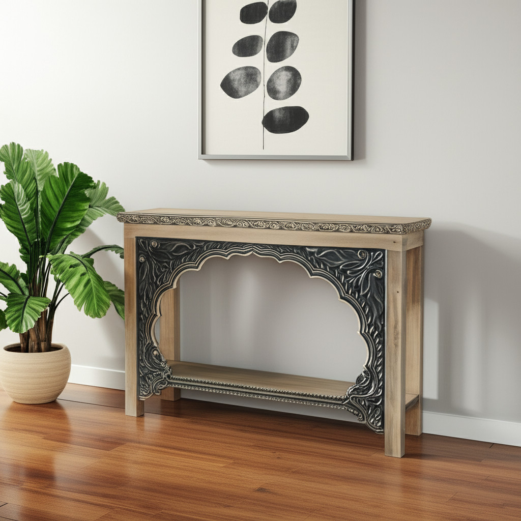 565173 56 in. Natural & Black Solid Wood Distressed Console Table with Shelf