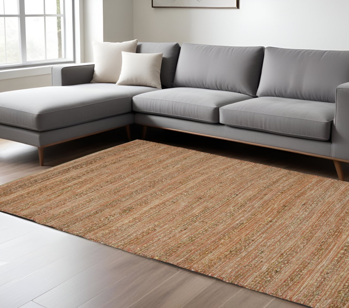 570454 8 x 10 ft. Brown & Brick Red Jute Striped Flatweave Handmade Rectangle Area Rug