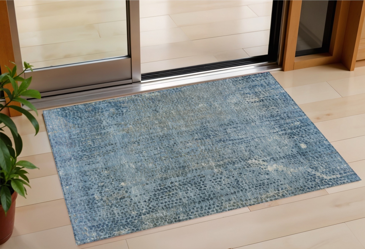 631089 3 x 5 ft. Blue & Ivory Abstract Washable Indoor & Outdoor Rectangle Area Rug