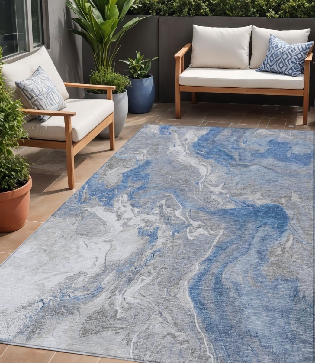 617621 5 x 8 ft. Blue & Ivory Abstract Washable Indoor & Outdoor Rectangle Area Rug