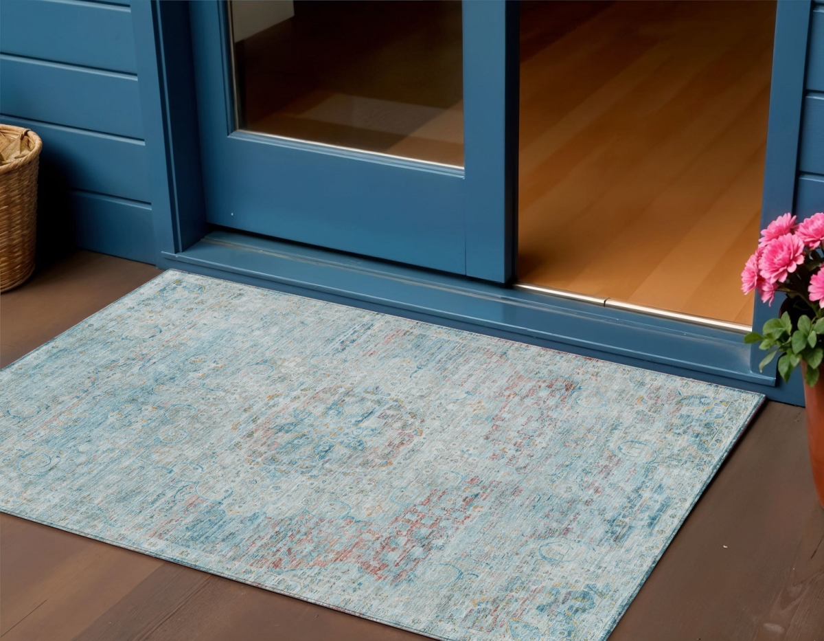 615740 3 x 5 ft. Sky Blue & Blush Medallion Washable Indoor & Outdoor Rectangle Area Rug